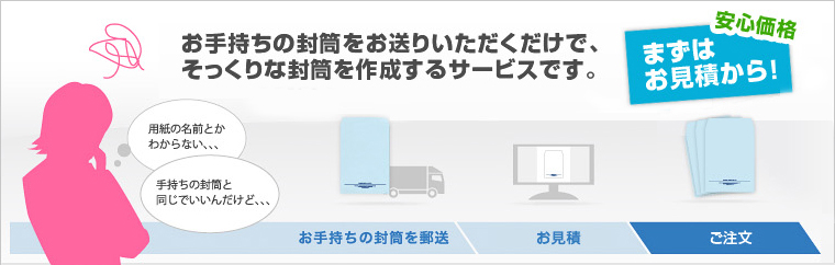 お手持ちの封筒をお送りいただくだけで、そっくりな封筒を作成するサービスです。